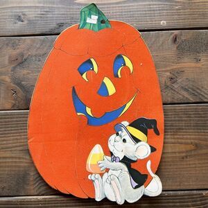 Vtg Halloween Die‎ Cut Flocked Pumpkin With Mouse Candy Corn Paper Decoration